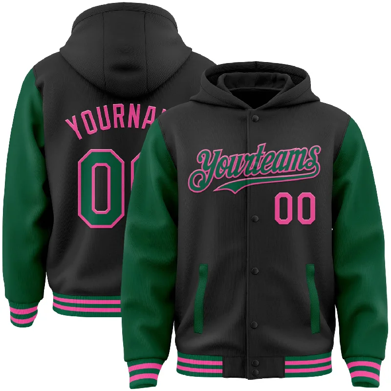 Lightweight And Breathable Unisex Wear Trend Alert Custom Black Kelly Green-Pink Bomber Full-Snap Varsity Letterman Two Tone Hoodie Jacket