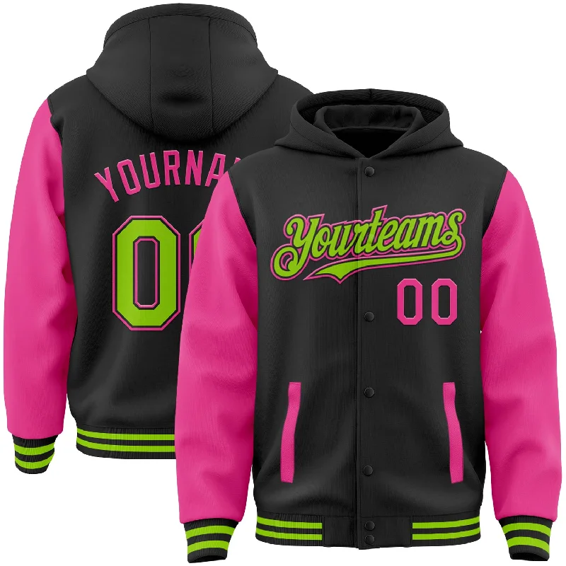 Relaxed-Fit Unisex Fashion For All-Day Comfort Limited Stock Custom Black Neon Green-Pink Bomber Full-Snap Varsity Letterman Two Tone Hoodie Jacket