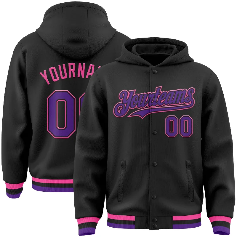 Unisex Everyday Fashion Essentials Forward Trendsetter Custom Black Purple-Pink Bomber Full-Snap Varsity Letterman Hoodie Jacket