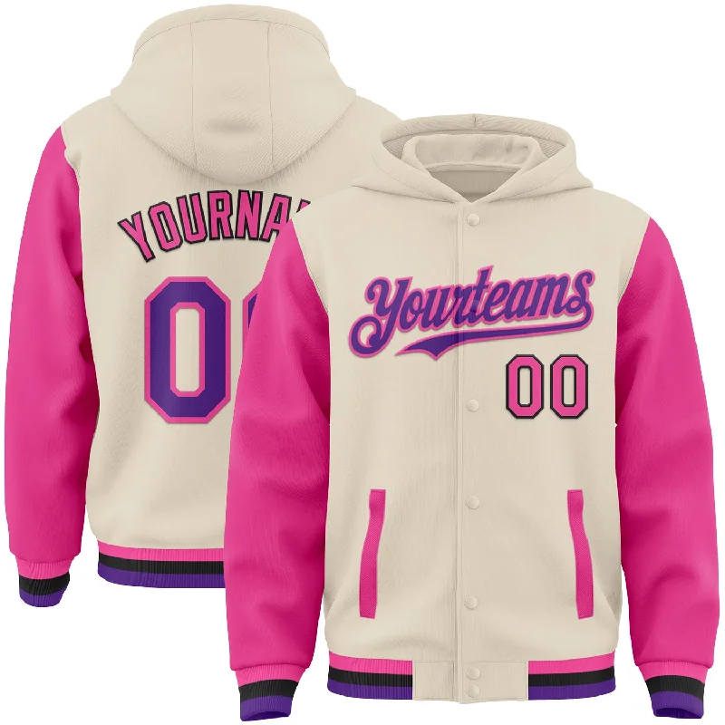 All-Season Unisex Clothing Collection Chic Trends Unveiled Custom Cream Purple Pink-Black Bomber Full-Snap Varsity Letterman Two Tone Hoodie Jacket