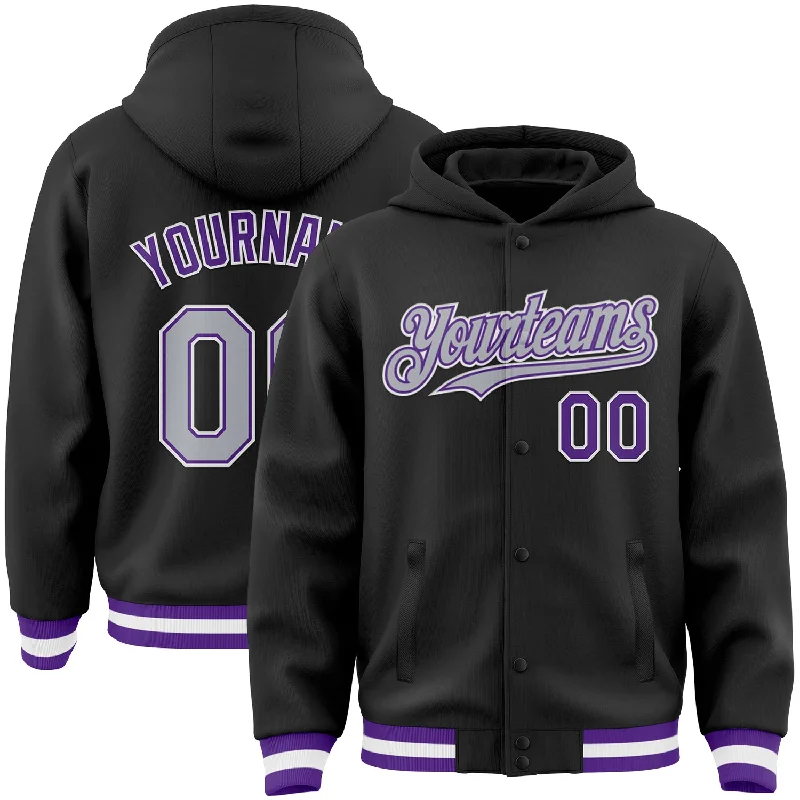 Functional And Stylish Unisex Outerwear Chic Trends Unveiled Custom Black Gray-Purple Bomber Full-Snap Varsity Letterman Hoodie Jacket