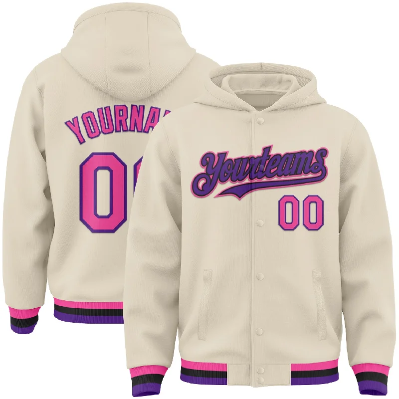 High-Quality Unisex Fashion Basics Fashionista Favorites Custom Cream Pink Purple-Black Bomber Full-Snap Varsity Letterman Hoodie Jacket