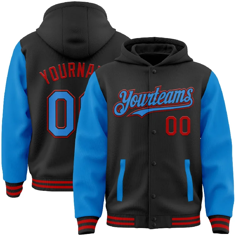 Oversized Unisex Apparel For Effortless Style Exclusive Discount Custom Black Powder Blue-Red Bomber Full-Snap Varsity Letterman Two Tone Hoodie Jacket