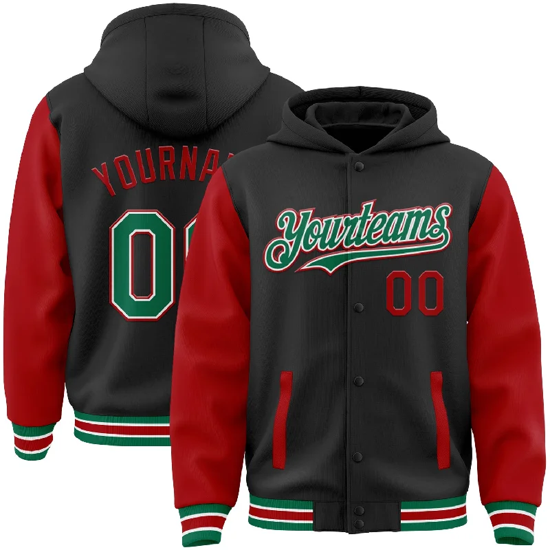 Casual Yet Sophisticated Unisex Fashion Bold Fashion Sales Custom Black Kelly Green-Red Bomber Full-Snap Varsity Letterman Two Tone Hoodie Jacket