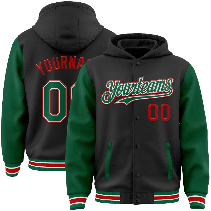 Comfortable Gender-Free Fashion Choices Limited-Time Offer Custom Black Kelly Green-Red Bomber Full-Snap Varsity Letterman Two Tone Hoodie Jacket