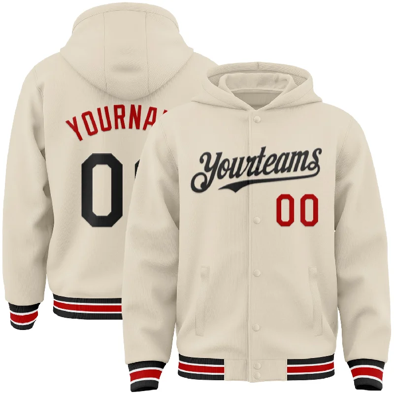 Classic And Timeless Gender-Neutral Fashion Hot Sale Custom Cream Black Red-White Bomber Full-Snap Varsity Letterman Hoodie Jacket