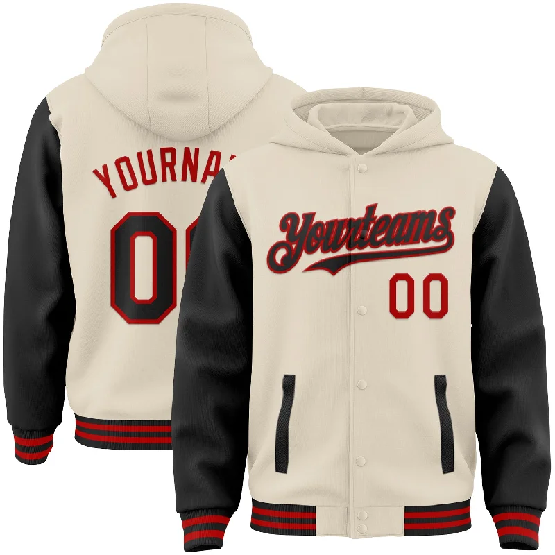 High-Quality Unisex Basics For All Occasions Stay Ahead In Style Custom Cream Black-Red Bomber Full-Snap Varsity Letterman Two Tone Hoodie Jacket