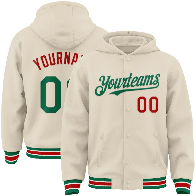 Sleek And Comfortable Unisex Wear Bold Style Discounts Custom Cream Kelly Green Red-White Bomber Full-Snap Varsity Letterman Hoodie Jacket