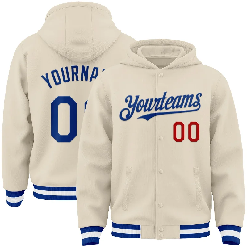 High-Quality Unisex Basics For Everyday Wear Flash Sale Starts Custom Cream Royal Red-White Bomber Full-Snap Varsity Letterman Hoodie Jacket