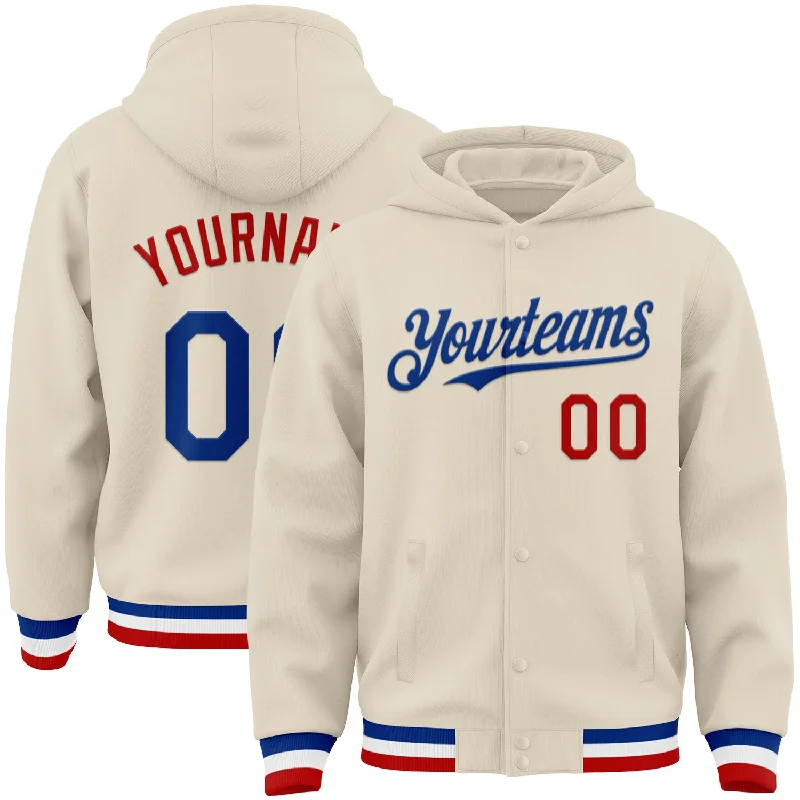 Bold And Trendy Gender-Neutral Outfits Statement Fashion Offers Custom Cream Royal Red-White Bomber Full-Snap Varsity Letterman Hoodie Jacket