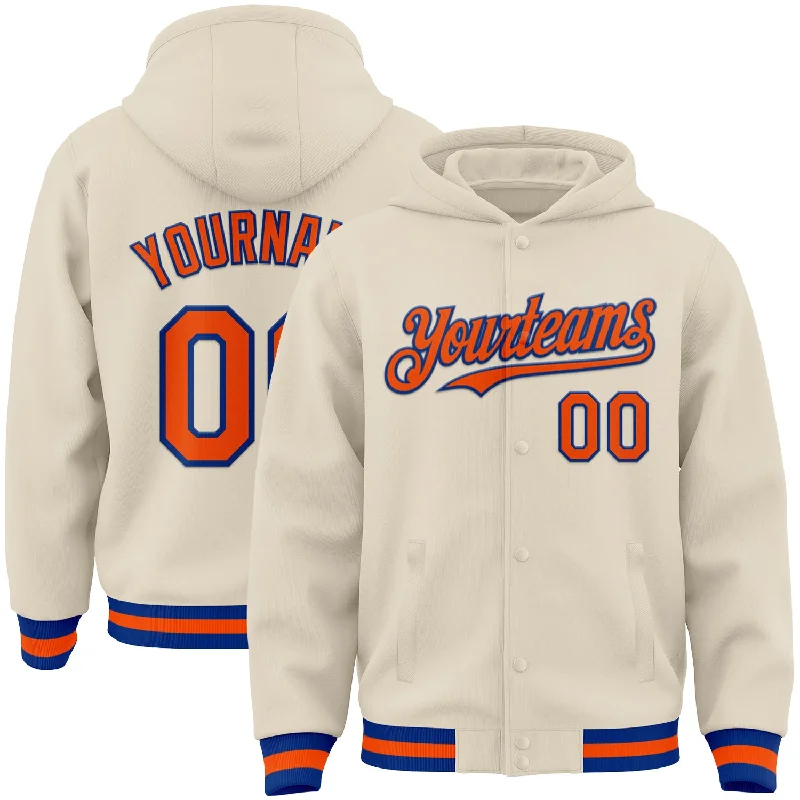 Relaxed-Fit Unisex Fashion For All-Day Comfort Classic Elegance Sales Custom Cream Orange-Royal Bomber Full-Snap Varsity Letterman Hoodie Jacket