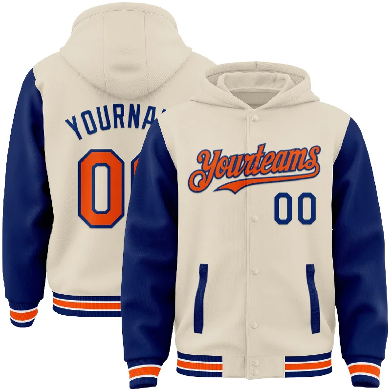 High-Quality Unisex Basics For Everyday Wear Budget-Friendly Fashion Custom Cream Orange Royal-White Bomber Full-Snap Varsity Letterman Two Tone Hoodie Jacket