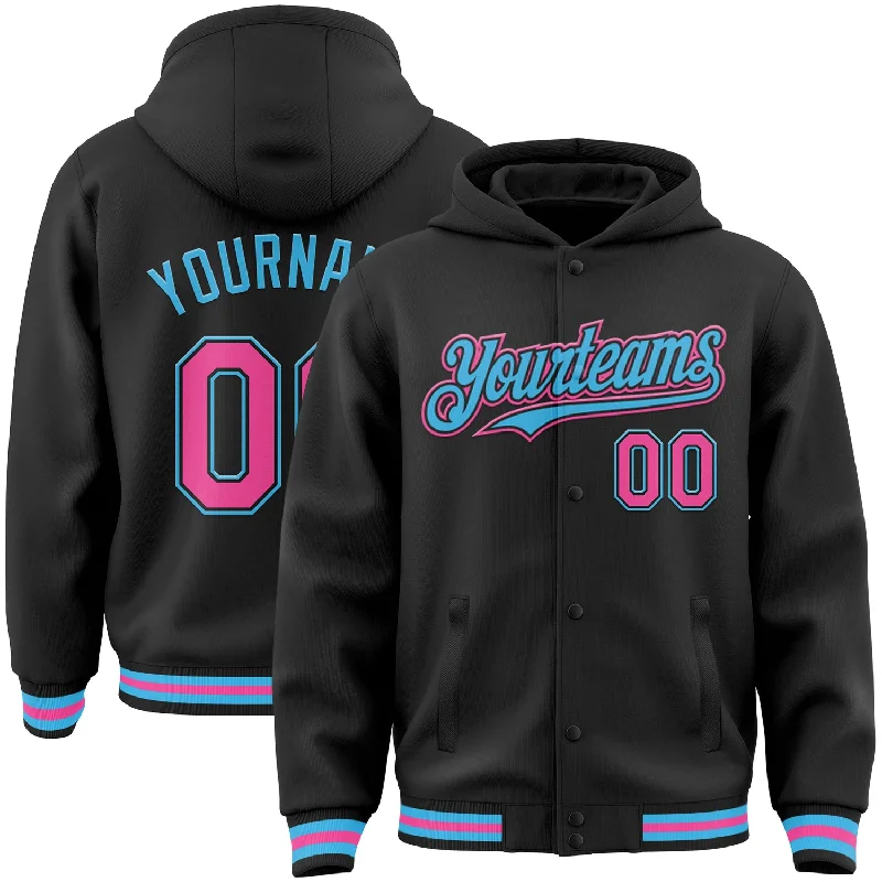 Modern Unisex Streetwear Outfits Street Chic Discounts Custom Black Pink-Sky Blue Bomber Full-Snap Varsity Letterman Hoodie Jacket