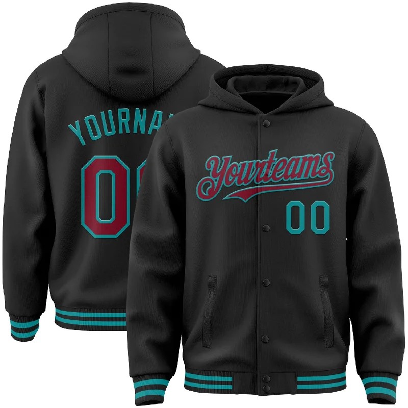 Everyday Wear For Men And Women Limited Time Custom Black Crimson-Teal Bomber Full-Snap Varsity Letterman Hoodie Jacket