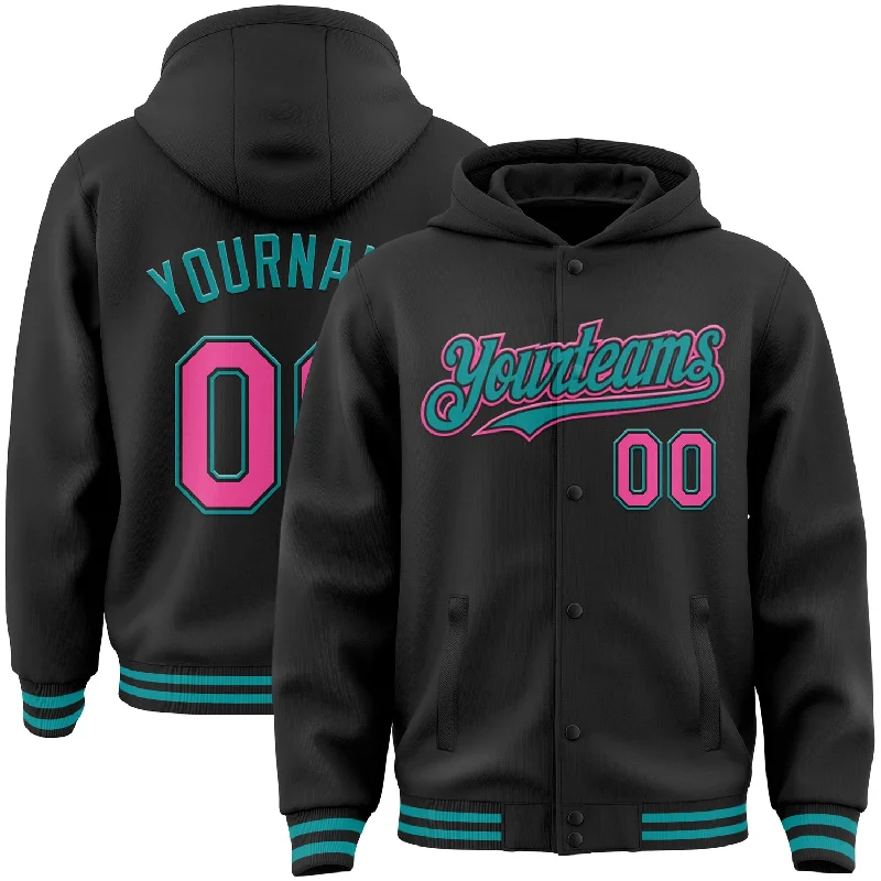 Urban Unisex Fashion Outfits Discover Promotions Custom Black Pink-Teal Bomber Full-Snap Varsity Letterman Hoodie Jacket