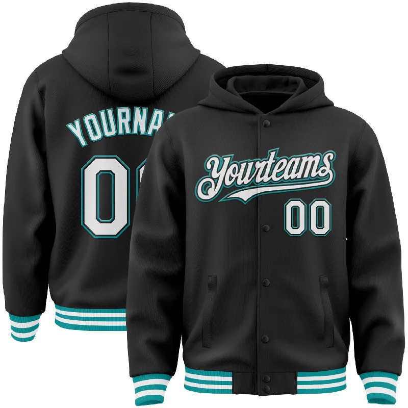 Oversized Unisex Fashion Pieces Urban Style Promotions Custom Black White-Teal Bomber Full-Snap Varsity Letterman Hoodie Jacket