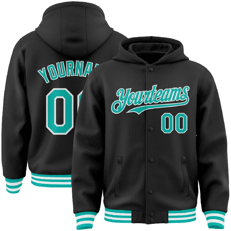 Stylish Unisex Outfit Ideas Street Style Discounts Custom Black Aqua-White Bomber Full-Snap Varsity Letterman Hoodie Jacket