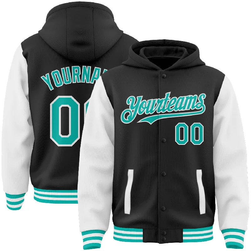 Sustainable Gender-Neutral Apparel Fashion Forward Custom Black Aqua-White Bomber Full-Snap Varsity Letterman Two Tone Hoodie Jacket