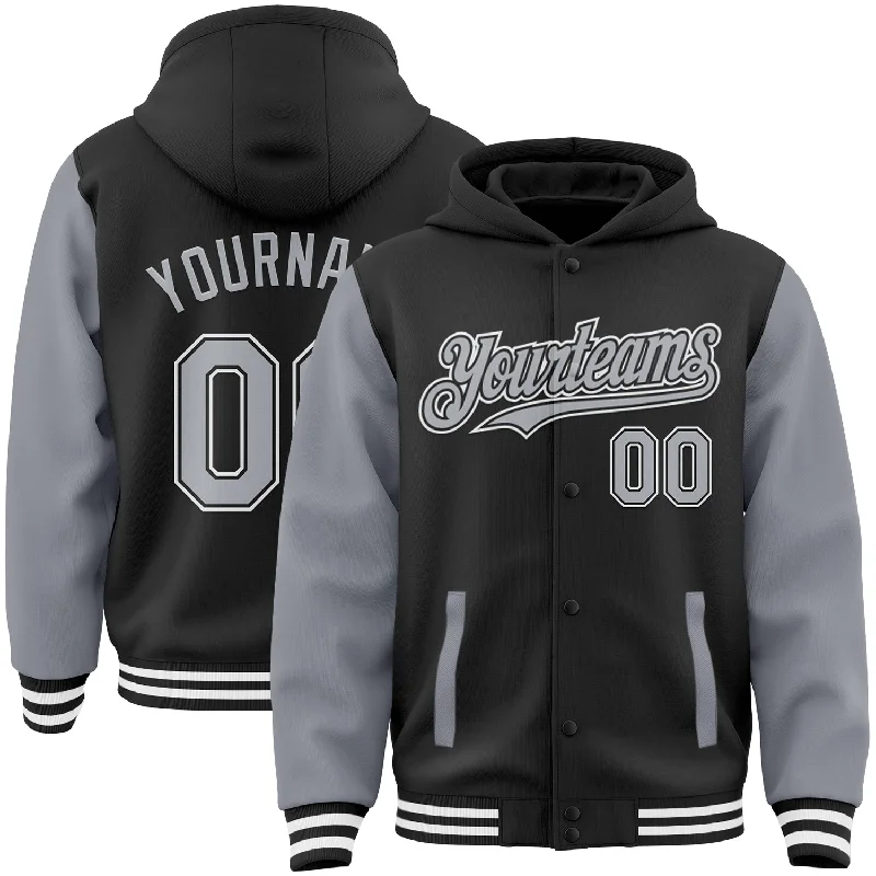 Versatile And Stylish Unisex Apparel Modish Fashion Discounts Custom Black Gray-White Bomber Full-Snap Varsity Letterman Two Tone Hoodie Jacket