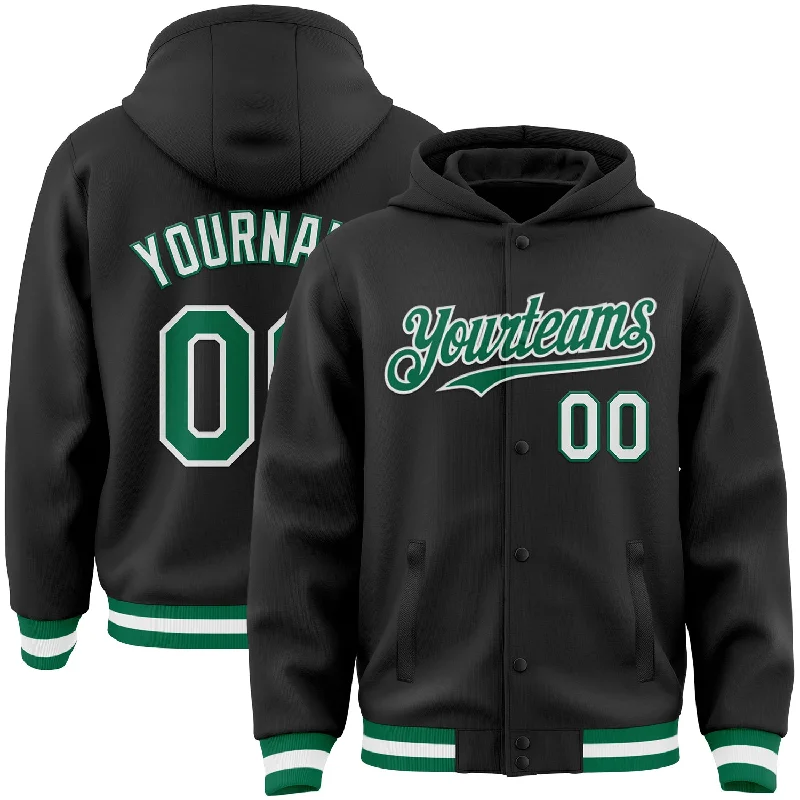 Functional And Stylish Unisex Wear Exclusive Discount Custom Black Kelly Green-White Bomber Full-Snap Varsity Letterman Hoodie Jacket