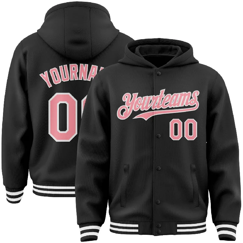 Urban-Inspired Unisex Fashion Trends Chic And Edgy Custom Black Medium Pink-White Bomber Full-Snap Varsity Letterman Hoodie Jacket