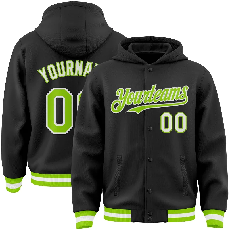 Minimalist Unisex Fashion Must-Haves Break Fashion Norms Custom Black Neon Green-White Bomber Full-Snap Varsity Letterman Hoodie Jacket