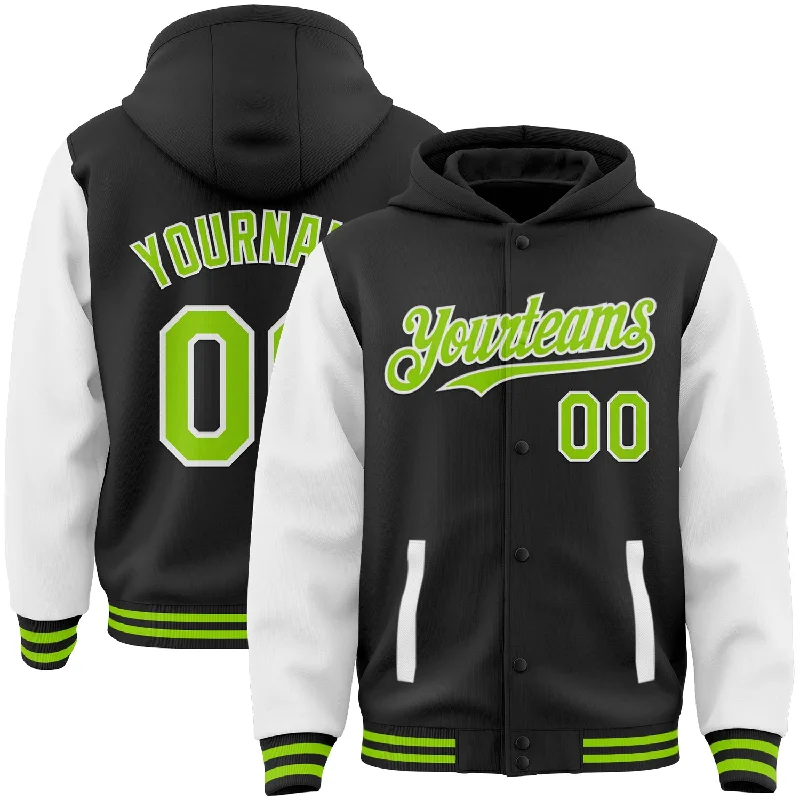 Urban Unisex Fashion Outfits Unbeatable Prices Custom Black Neon Green-White Bomber Full-Snap Varsity Letterman Two Tone Hoodie Jacket