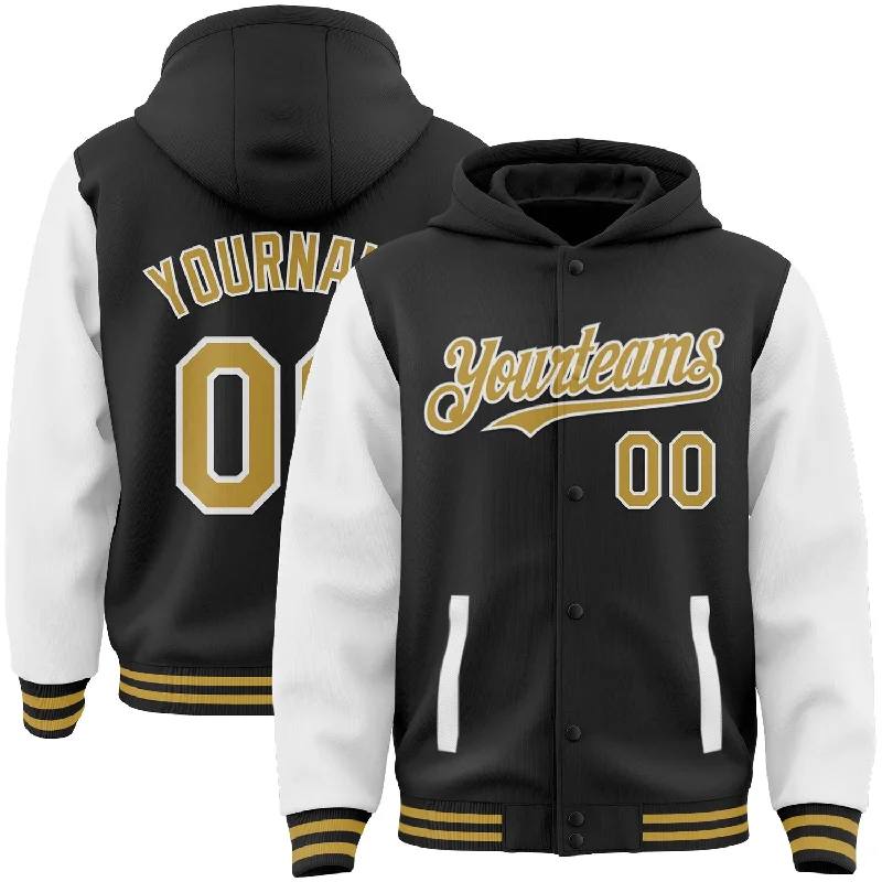 Trendy Unisex Streetwear Fashion New Arrivals Custom Black Old Gold-White Bomber Full-Snap Varsity Letterman Two Tone Hoodie Jacket