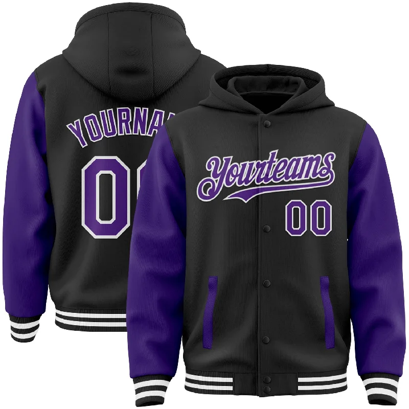 Classic And Timeless Unisex Style Trend Forward Threads Custom Black Purple-White Bomber Full-Snap Varsity Letterman Two Tone Hoodie Jacket