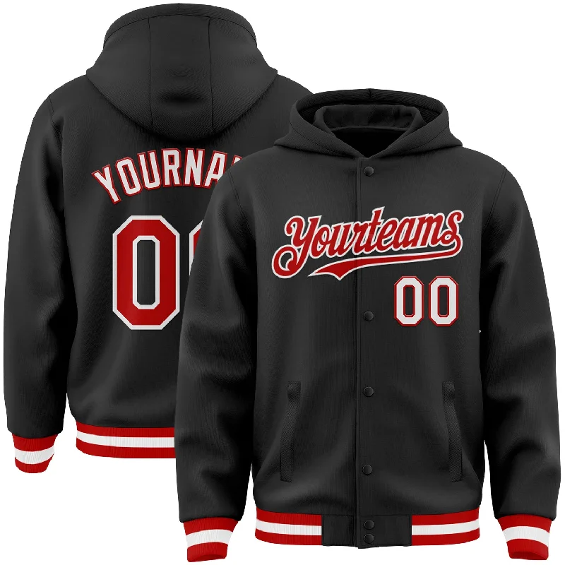 Sustainable Gender-Neutral Apparel Trendy Styles Custom Black Red-White Bomber Full-Snap Varsity Letterman Hoodie Jacket