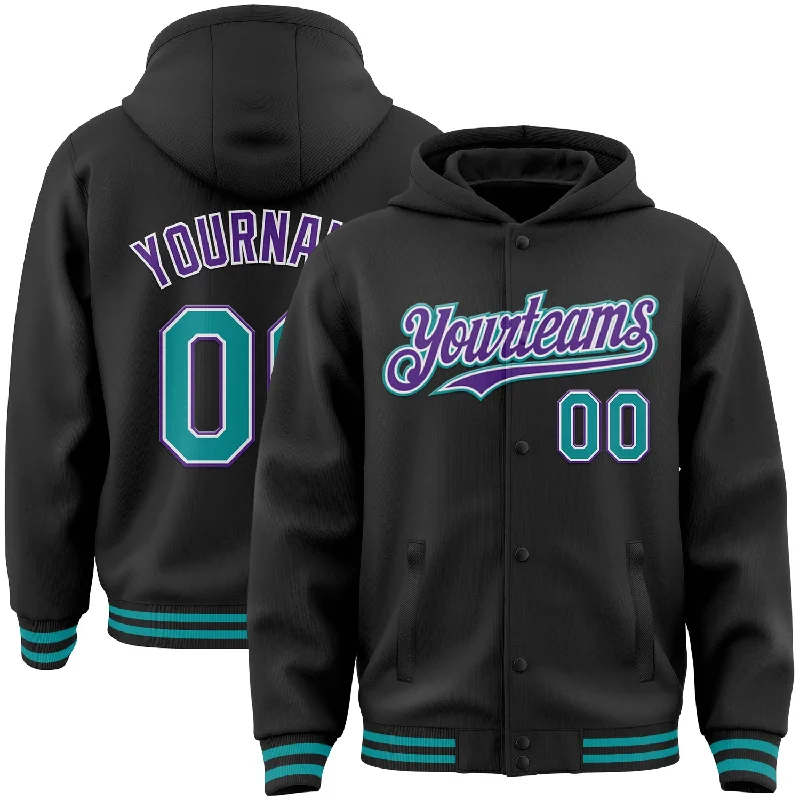 Versatile Unisex Layering Pieces Classic Modern Offers Custom Black Teal-Purple Bomber Full-Snap Varsity Letterman Hoodie Jacket