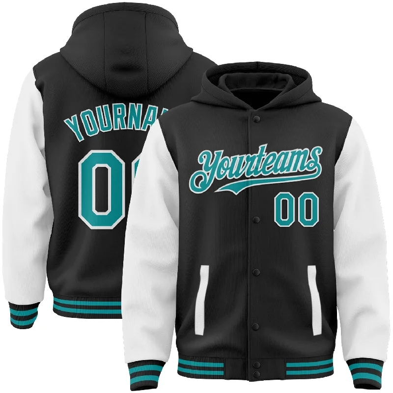 Relaxed-Fit Unisex Clothing Options Don't Miss Out Custom Black Teal-White Bomber Full-Snap Varsity Letterman Two Tone Hoodie Jacket