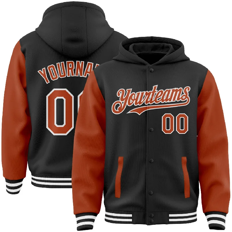 Urban-Inspired Unisex Fashion Pieces Top Brand Discounts Custom Black Texas Orange-White Bomber Full-Snap Varsity Letterman Two Tone Hoodie Jacket