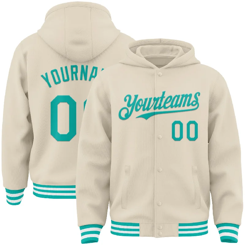 Elegant And Minimal Gender-Free Clothing Low Price Special Custom Cream Aqua-White Bomber Full-Snap Varsity Letterman Hoodie Jacket