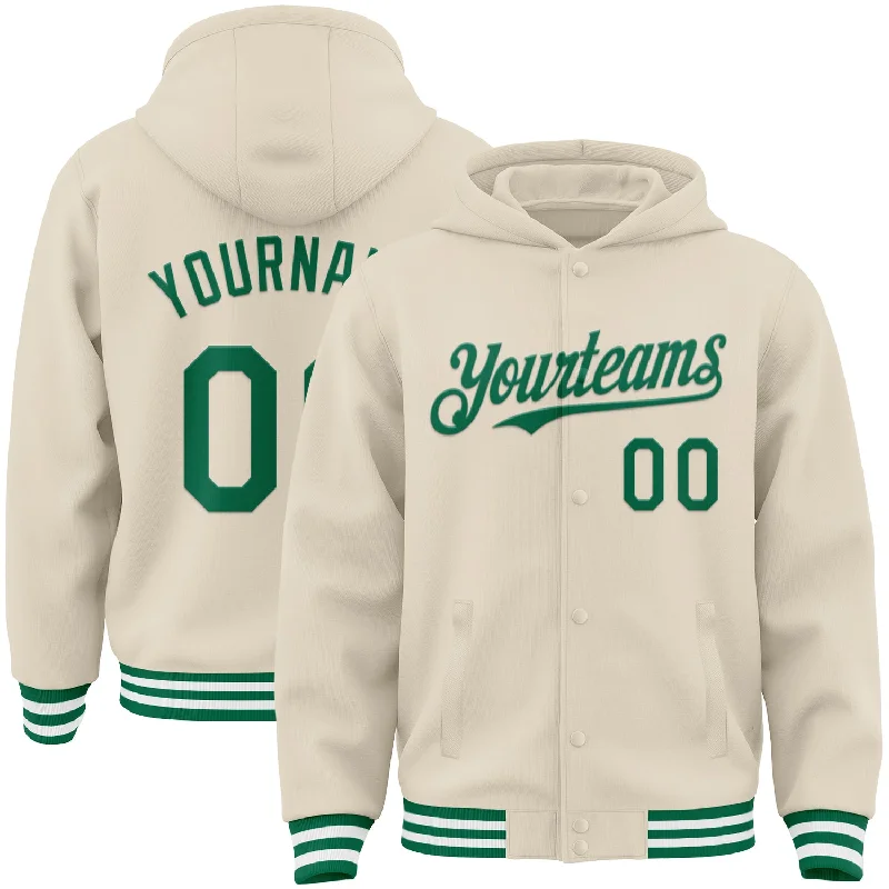 Comfortable Unisex Streetwear Sustainable Fashion Extravaganza Custom Cream Kelly Green-White Bomber Full-Snap Varsity Letterman Hoodie Jacket