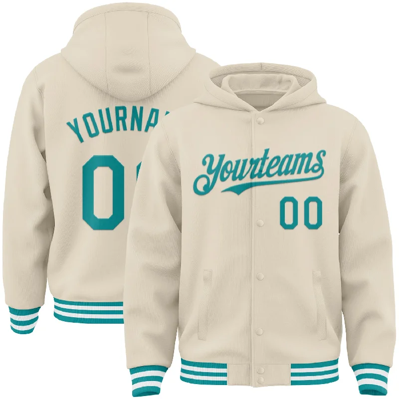 Versatile And Stylish Unisex Apparel Hurry Before It'S Gone Custom Cream Teal-White Bomber Full-Snap Varsity Letterman Hoodie Jacket