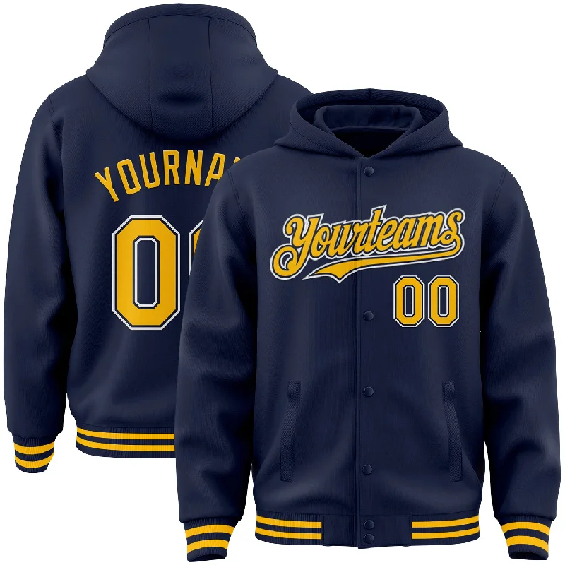 Urban-Inspired Unisex Fashion Trends Sustainable Fashion Extravaganza Custom Navy Gold-White Bomber Full-Snap Varsity Letterman Hoodie Jacket