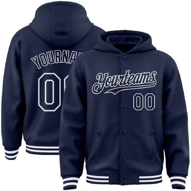 Stylish Unisex Outfit Ideas Must Haves Custom Navy White Bomber Full-Snap Varsity Letterman Hoodie Jacket