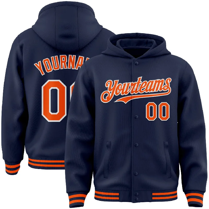 Classic And Timeless Unisex Style Big Discounts Custom Navy Orange-White Bomber Full-Snap Varsity Letterman Hoodie Jacket