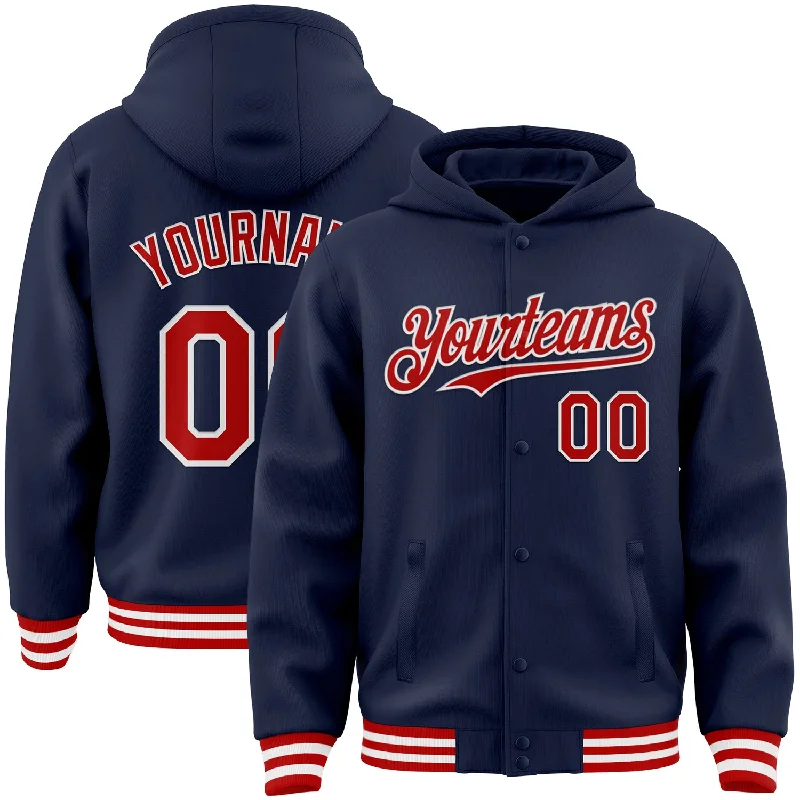 Gender-Neutral Fashion For Everyday Style Special Offers, Don't Miss Custom Navy Red-White Bomber Full-Snap Varsity Letterman Hoodie Jacket