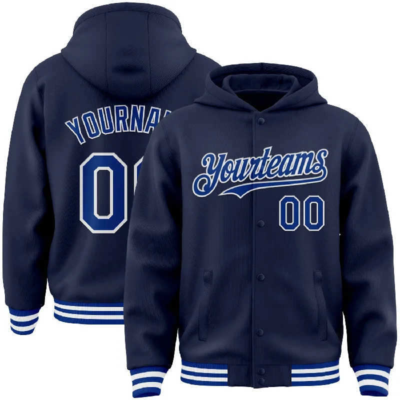 Soft And Breathable Unisex Loungewear Browse Our Top Products Custom Navy Royal-White Bomber Full-Snap Varsity Letterman Hoodie Jacket