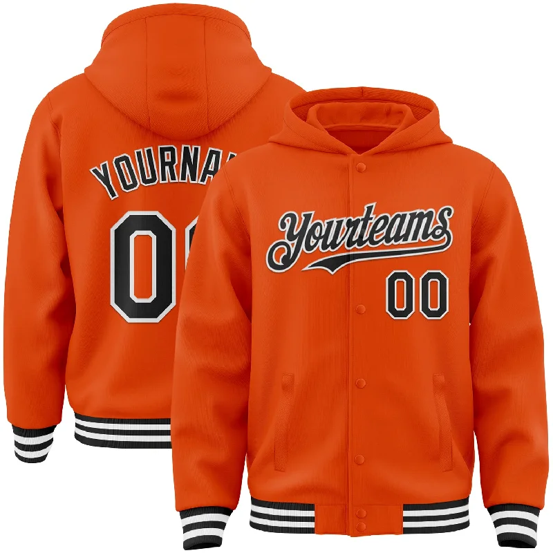 Chic And Casual Unisex Fashion Trends Get The Latest Trends Custom Orange Black-White Bomber Full-Snap Varsity Letterman Hoodie Jacket