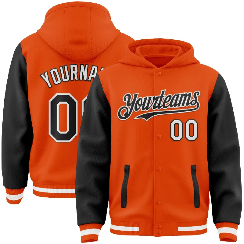 Chic And Casual Unisex Fashion Trends Feminine Luxe Style Sale Custom Orange Black-White Bomber Full-Snap Varsity Letterman Two Tone Hoodie Jacket