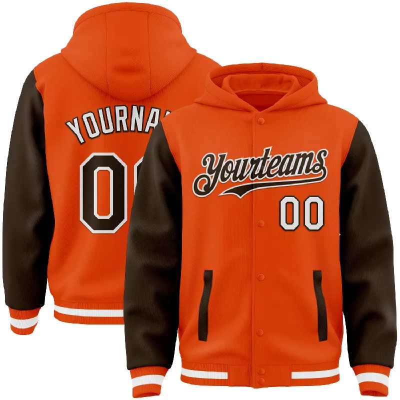 Gender-Neutral Trendy Clothing Styles Imeless Style Custom Orange Brown-White Bomber Full-Snap Varsity Letterman Two Tone Hoodie Jacket