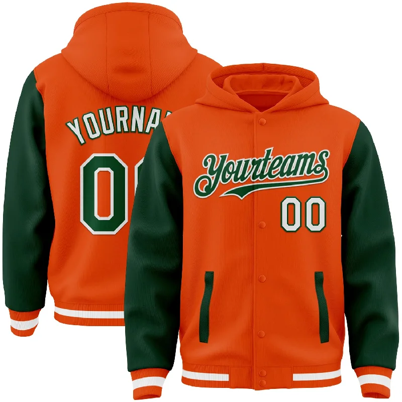 Trendy Unisex Budget Friendly Custom Orange Green-White Bomber Full-Snap Varsity Letterman Two Tone Hoodie Jacket