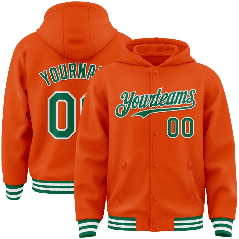 Sleek And Contemporary Gender-Free Outfits Hot Deals Custom Orange Kelly Green-White Bomber Full-Snap Varsity Letterman Hoodie Jacket