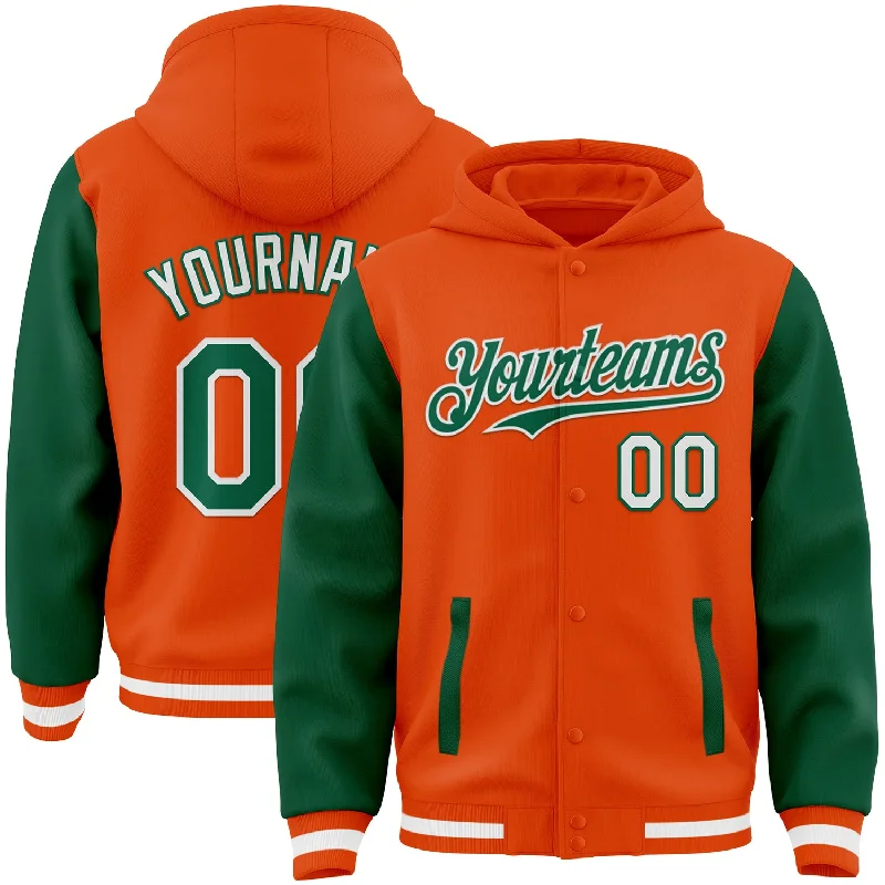 Oversized Unisex Apparel For Effortless Style Cozy Chic Promotions Custom Orange Kelly Green-White Bomber Full-Snap Varsity Letterman Two Tone Hoodie Jacket