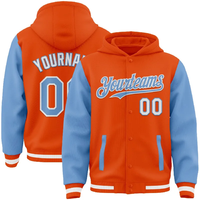 Versatile And Stylish Unisex Apparel Cozy Comfort Style Sale Custom Orange Light Blue-White Bomber Full-Snap Varsity Letterman Two Tone Hoodie Jacket