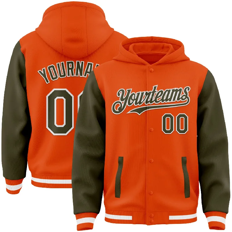 Breathable And Lightweight Unisex Wear Premium Style Offers Custom Orange Olive-White Bomber Full-Snap Varsity Letterman Two Tone Hoodie Jacket