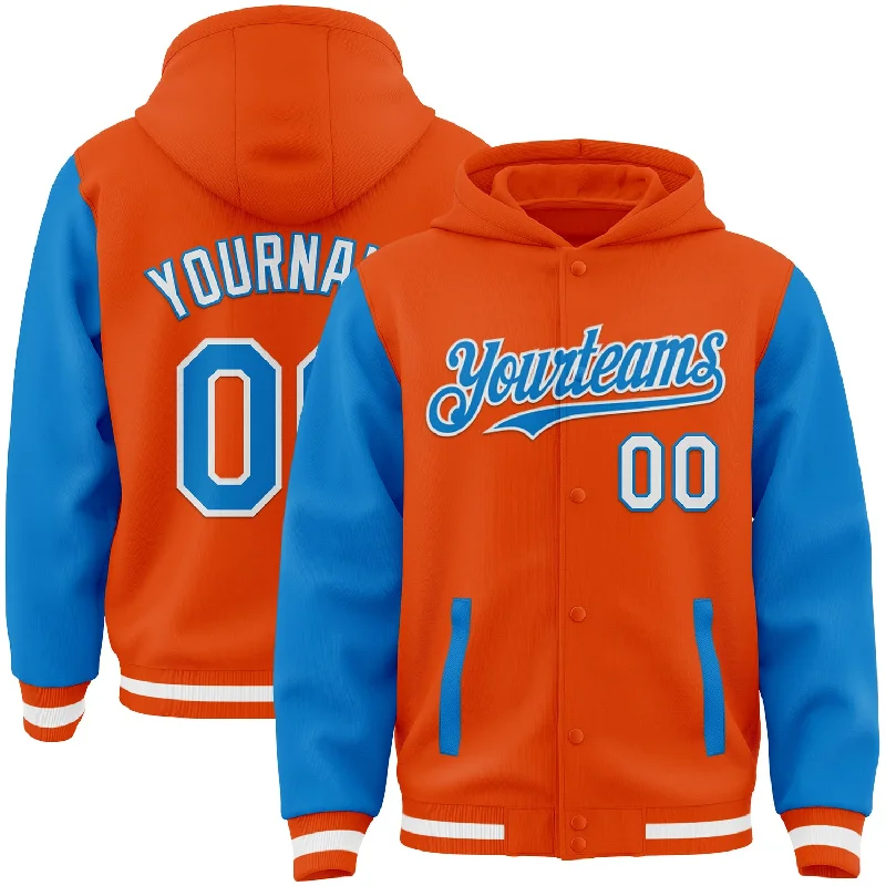 Trendy Unisex Smart Casual Deals Custom Orange Powder Blue-White Bomber Full-Snap Varsity Letterman Two Tone Hoodie Jacket